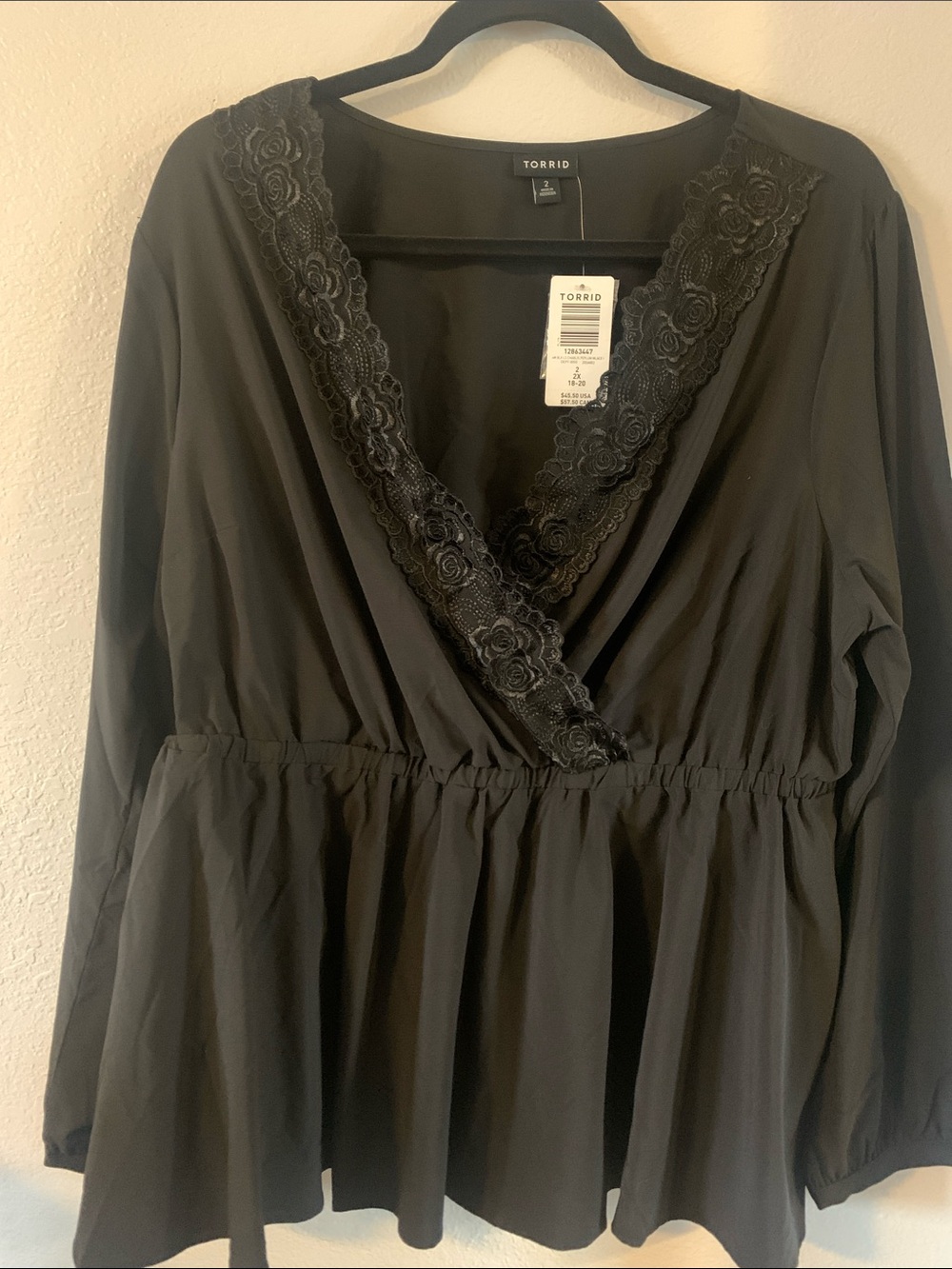 torrid Black Lace-Trim Surplice Peplum Top with Rose Lace 2x